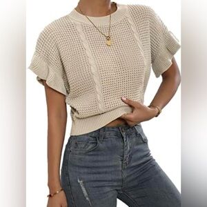 VERDUSA Ruffled Short Sleeve Round Neck Knitted Pullover Sweater S Oat Beige